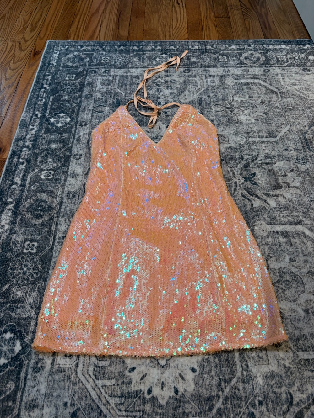 Lulu's Iridescent Peach Sequin Halter Mini Dress